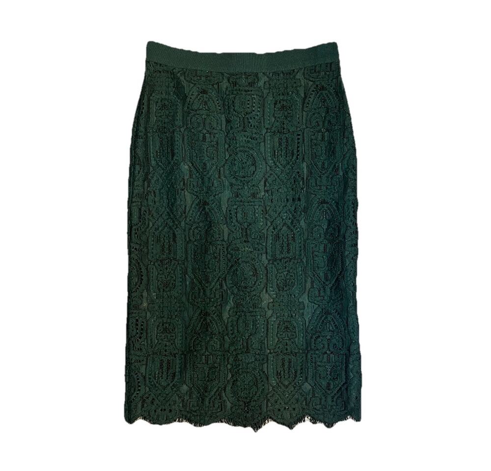 Ann Taylor Size 0 Green Lace Pencil Skirt Midi Scalloped Hem Lined Career